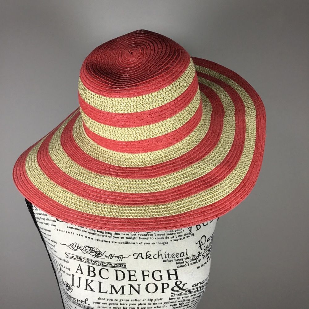Coral with cream and gold striped floppy wide brim floppy hat summer beach boho - Picture 2 of 6
